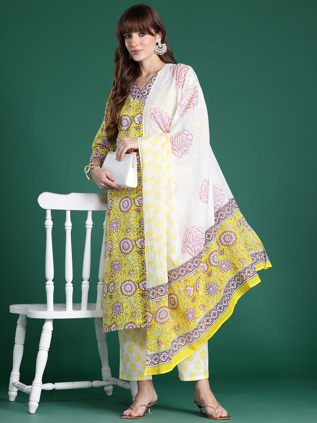 Dhiyona IE Floral Printed Pure Cotton Kurta with Trousers & Dupatta