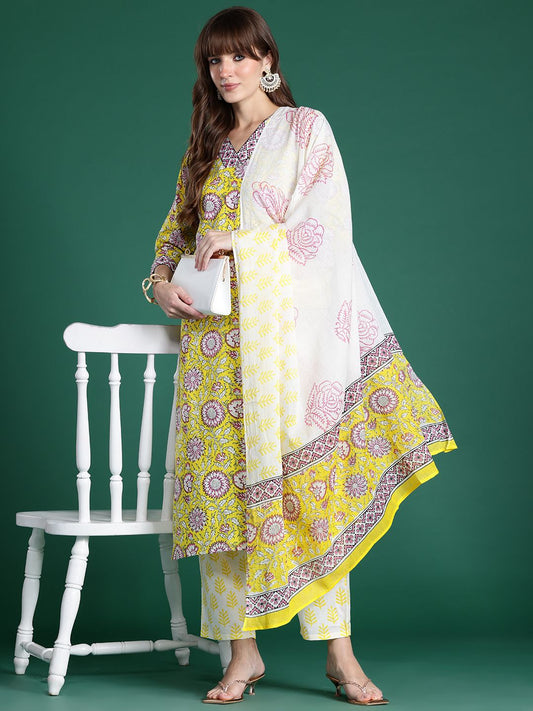 Dhiyona IE Floral Printed Pure Cotton Kurta with Trousers & Dupatta