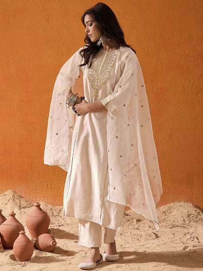 Dhiyona IE Off White Ethnic Motifs Embroidered Panelled Zari Kurta With Trousers & Dupatta