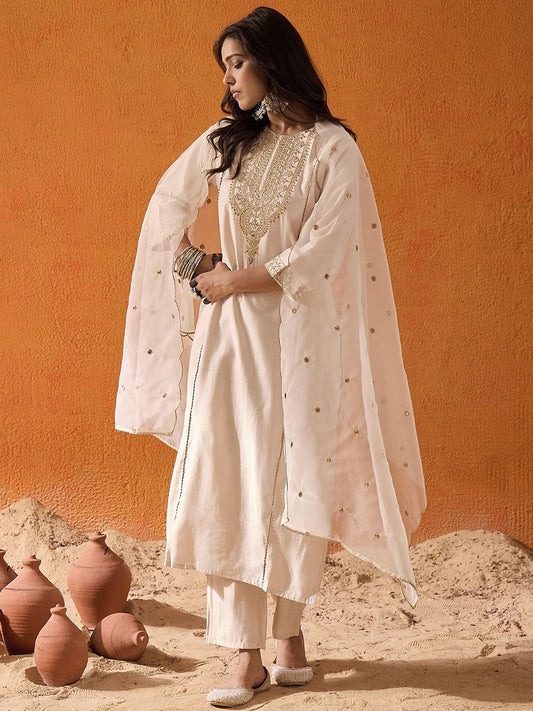 Dhiyona IE Off White Ethnic Motifs Embroidered Panelled Zari Kurta With Trousers & Dupatta