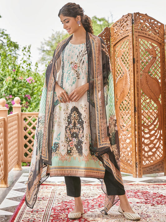Dhiyona WP Ethnic Motifs Printed Mirror Work Straight Kurta With Trousers & Dupatta