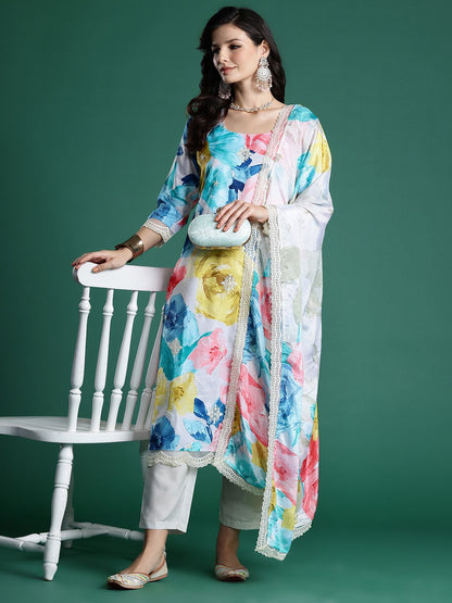 Dhiyona IE Floral Embroidered Empire Thread Work Kurta With Trousers & Dupatta