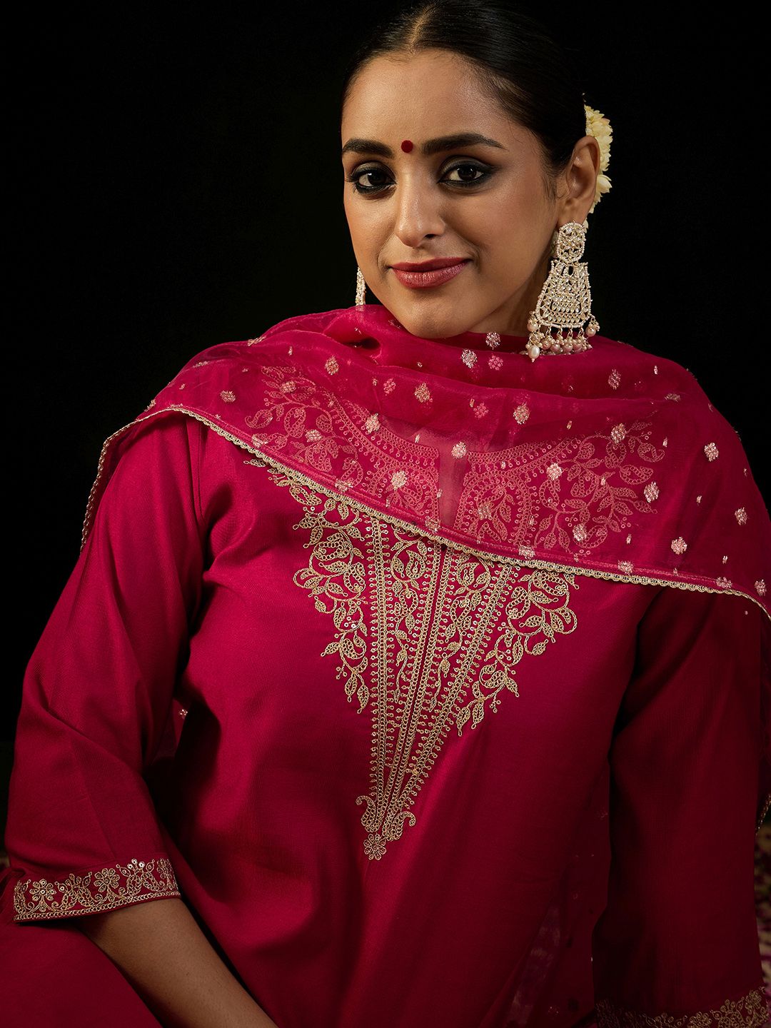 Dhiyona IE Notched Neck Ethnic Motifs Embroidered Liva Kurta with Trouser & Dupatta