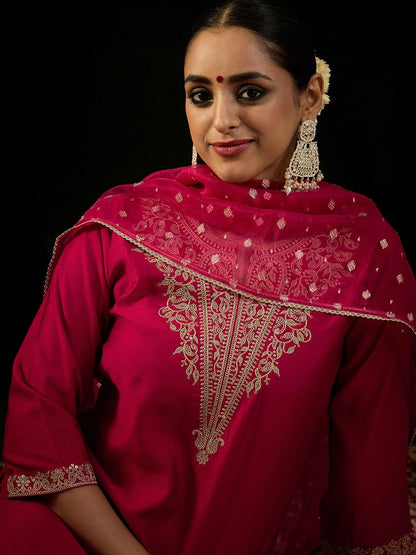 Dhiyona IE Notched Neck Ethnic Motifs Embroidered Liva Kurta with Trouser & Dupatta
