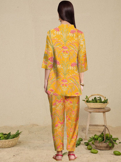 Dhiyona IE Floral Printed Shirt Collar Kurta With Trousers