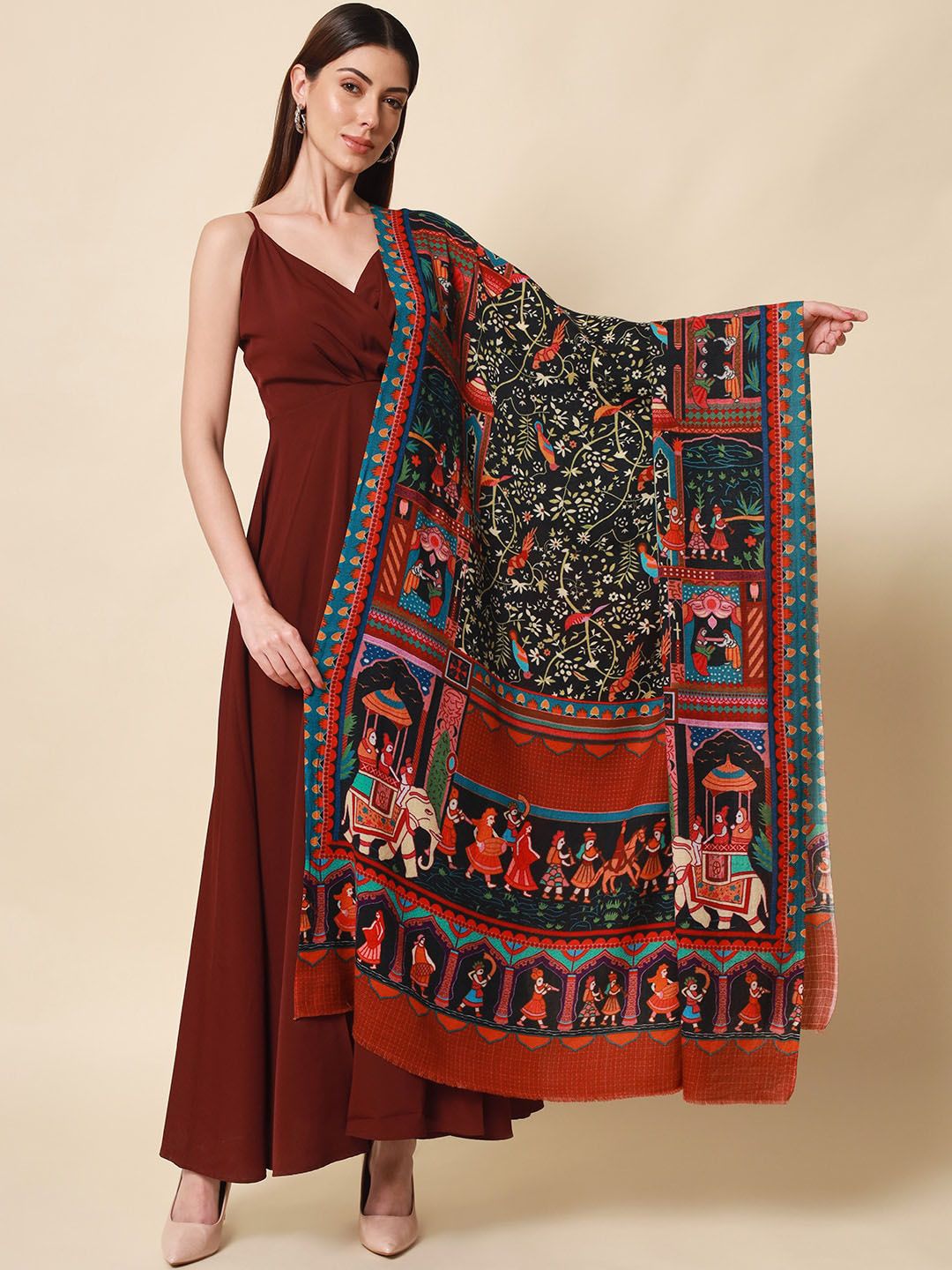 Dhiyona PA Women Brown Printed Pure Wool Shawl