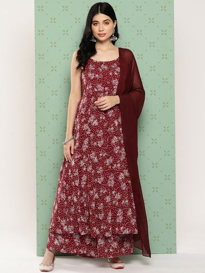Dhiyona VA Women's Floral Printed Panelled Silk Georgette Kurta with Palazzos & With Dupatta
