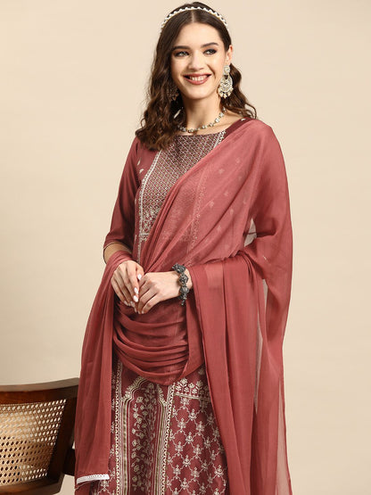 Dhiyona SN Women's Ethnic Motifs Printed Sequinned Chanderi Cotton Kurta with Palazzos & Dupatta