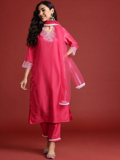 Dhiyona IE Floral Yoke Design Kantha Work Kurta With Trousers & Dupatta