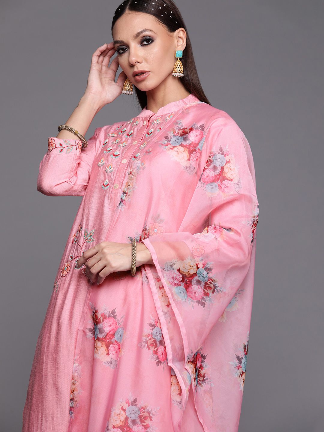 Women Pink Ethnic Motifs Embroidered Kurta with Trousers & With Dupatta