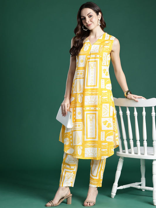 Dhiyona IE Geometric Printed Pleated Pure Cotton Kurta with Trousers