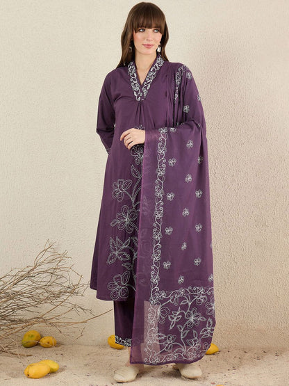Dhiyona IE Women Solid Embroidered Cotton Kurta with Trousers & Dupatta