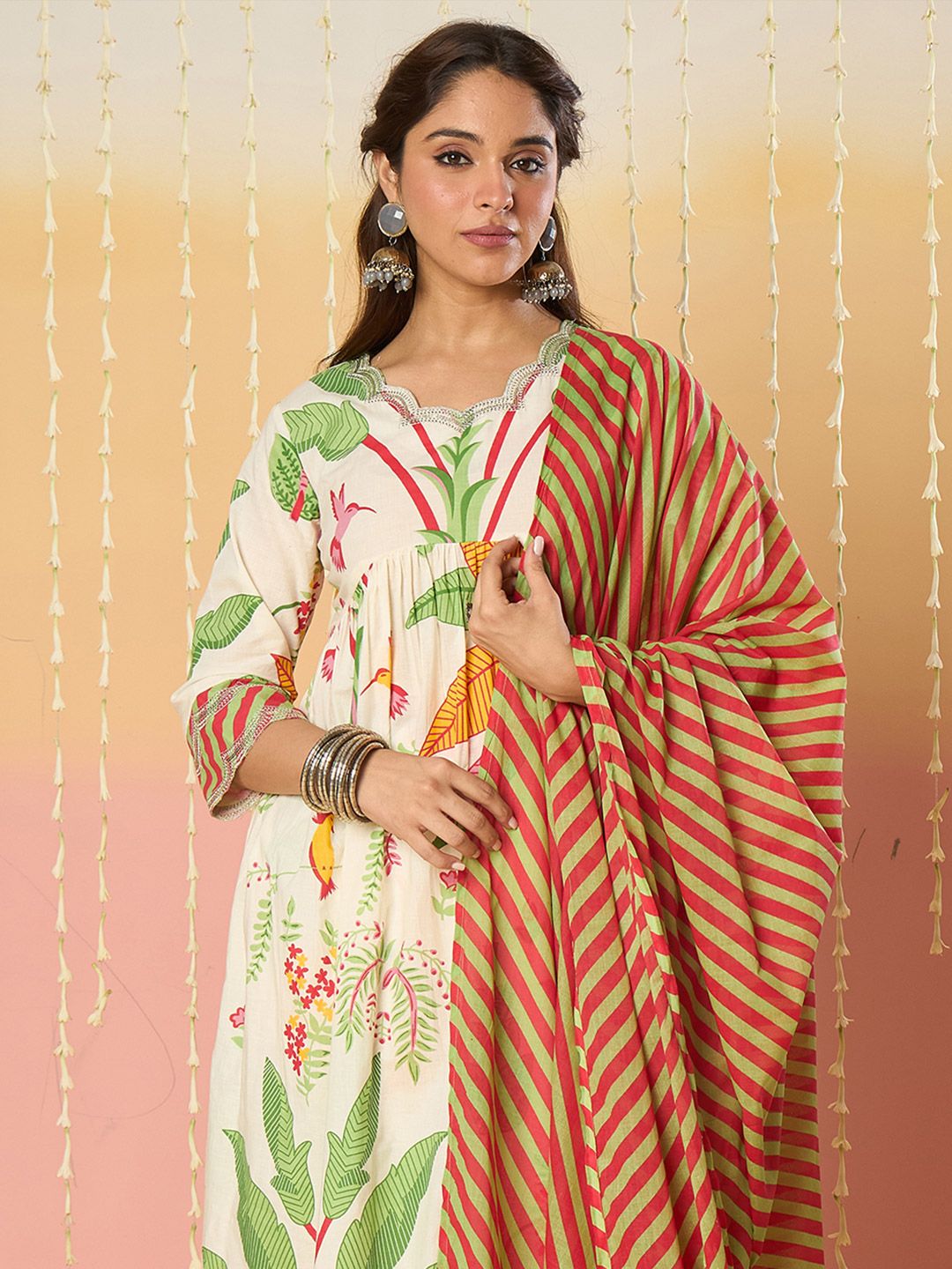 Floral Printed Empire Screen Technique Pure Cotton A-Line With Trousers & Dupatta