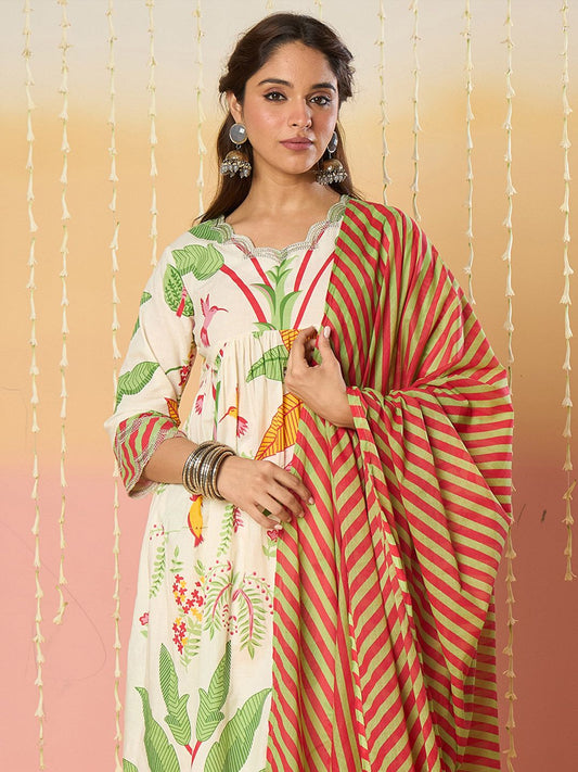 Floral Printed Empire Screen Technique Pure Cotton A-Line With Trousers & Dupatta
