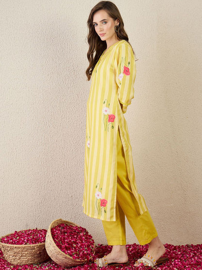 Striped V-Neck Linen Straight Kurta With Trouser