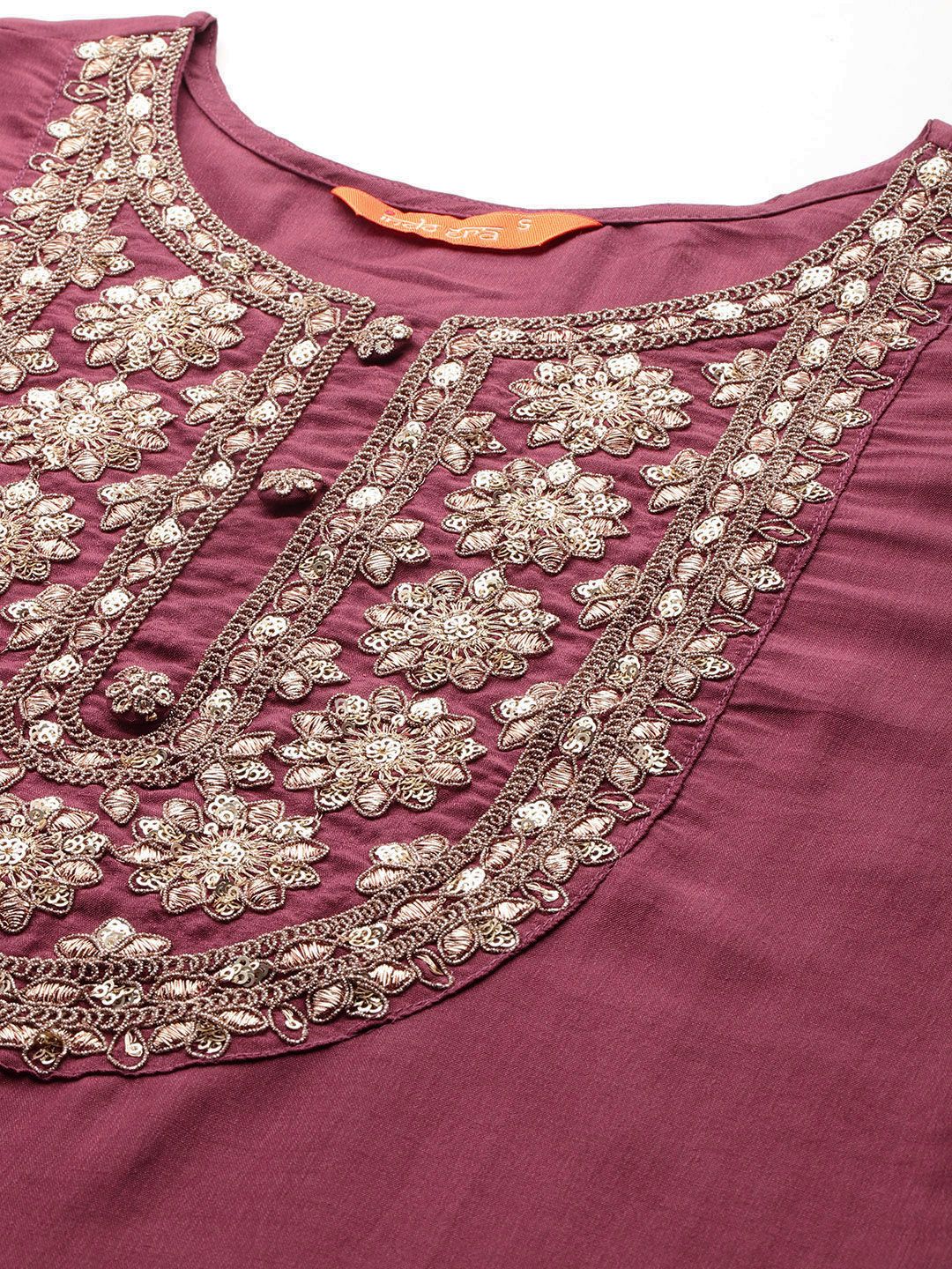 Floral Yoke Design Sequinned Kurta With Trousers & Dupatta