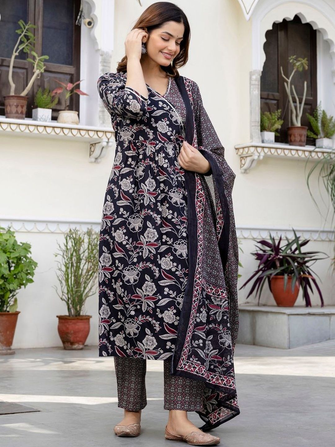 Women Floral Printed Angrakha Pure Cotton Kurta with Trousers & With Dupatta