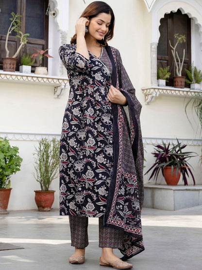Women Floral Printed Angrakha Pure Cotton Kurta with Trousers & With Dupatta