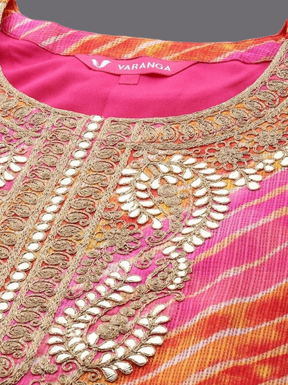 Dhiyona VA Women'sPink Leheriya Printed Thread Work Straight Kurta & Trousers & With Dupatta