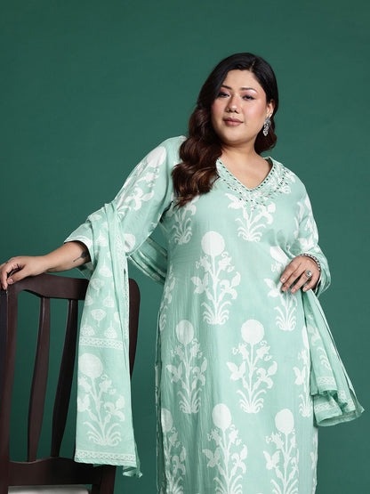 Plus Size Floral Embroidered Mirror Work Pure Cotton Kurta Set