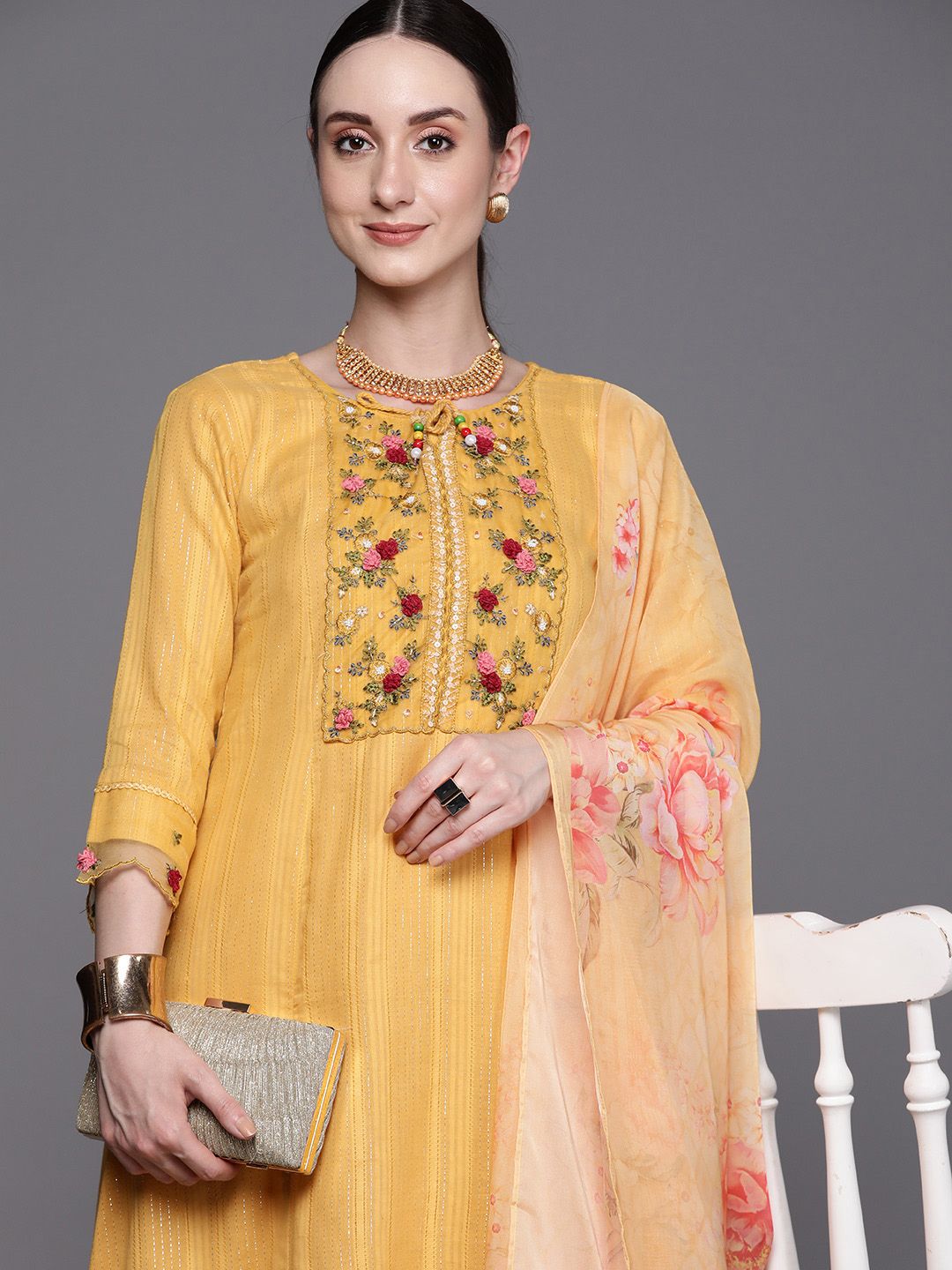 Dhiyona IE Floral Embroidered Regular Thread Work Pure Cotton Kurta With Trousers & Dupatta