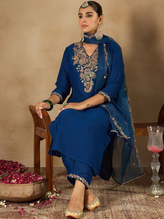 Dhiyona IE Women Ethnic Motifs Embroidered Regular Liva Kurta with Trousers & With Dupatta