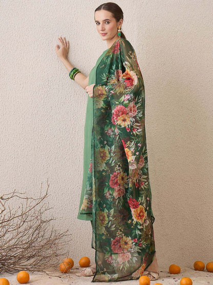 Dhiyona IE Floral Printed Round Neck Cotton Straight Kurta With Trousers & Dupatta