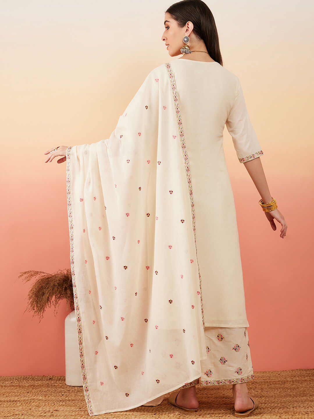 Dhiyona SN Women's Floral Embroidered Pure Cotton Straight Kurta With Palazzo & Dupatta