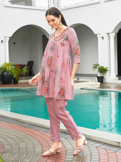 Dhiyona TI Women's Baby Pink Linen Embroidered Co Ord