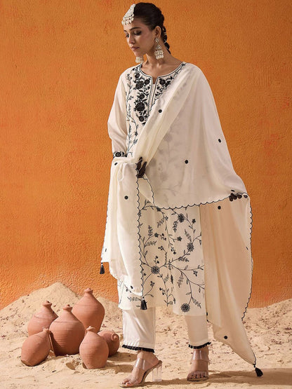 Dhiyona IE Floral Embroidered Thread Work Straight Kurta With Trousers & Dupatta