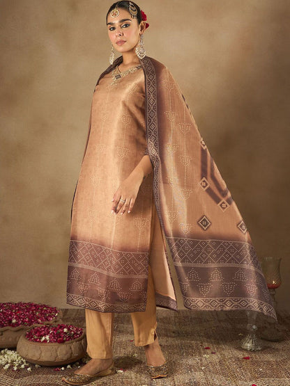 Dhiyona IE Women Bandhani Embroidered Regular Sequinned Kurta with Trousers & Dupatta