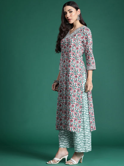 Dhiyona IE Floral Printed Pure Cotton Kurta with Trousers & With Dupatta
