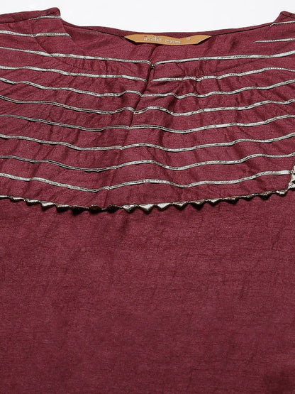 Dhiyona IE Maroon & Gold Yoke Design Gotta Patti Straight Kurta with Trousers & With Dupatta