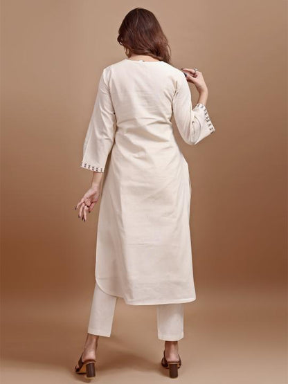 Dhiyona TI Women's Off White Linen with Contrast Butterfly Embroidered Kurta and Pant