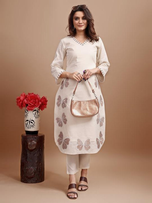 Dhiyona TI Women's Off White Linen with Contrast Butterfly Embroidered Kurta and Pant