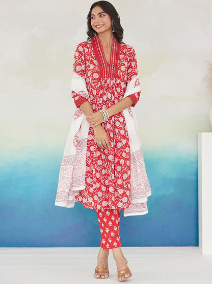 Dhiyona IE Women Floral Printed Pleated Beads and Stones Pure Cotton Kurta with Trousers & With Dupatta