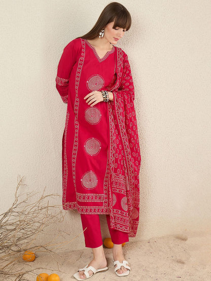 Dhiyona IE Ethnic Motifs Printed Pure Cotton V-Neck A-Line Kurta With Trousers & Dupatta