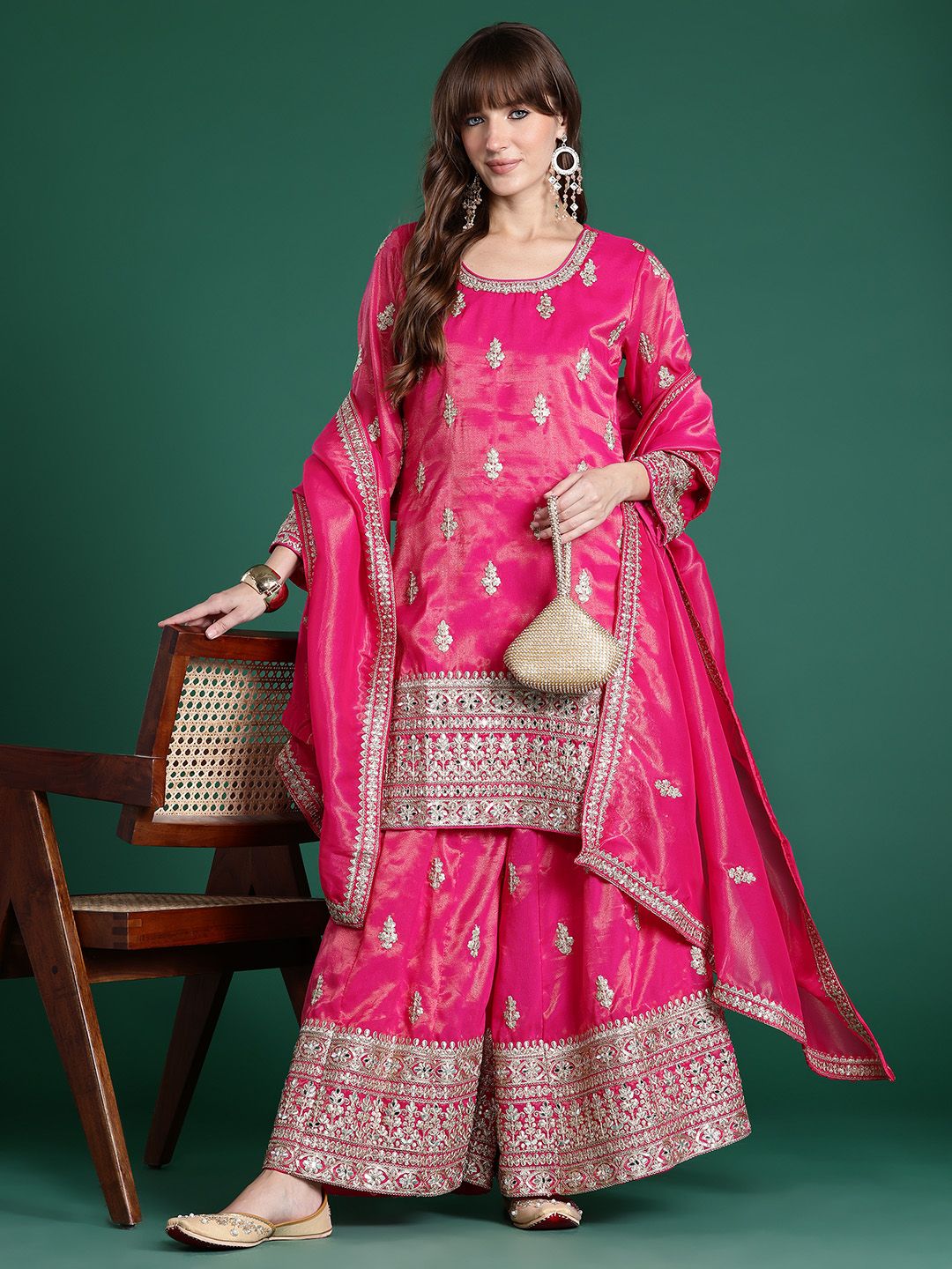 Ethnic Motifs Embroidered Mirror Work Kurta with Palazzos & With Dupatta