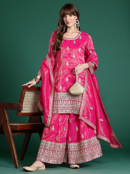 Ethnic Motifs Embroidered Mirror Work Kurta with Palazzos & With Dupatta