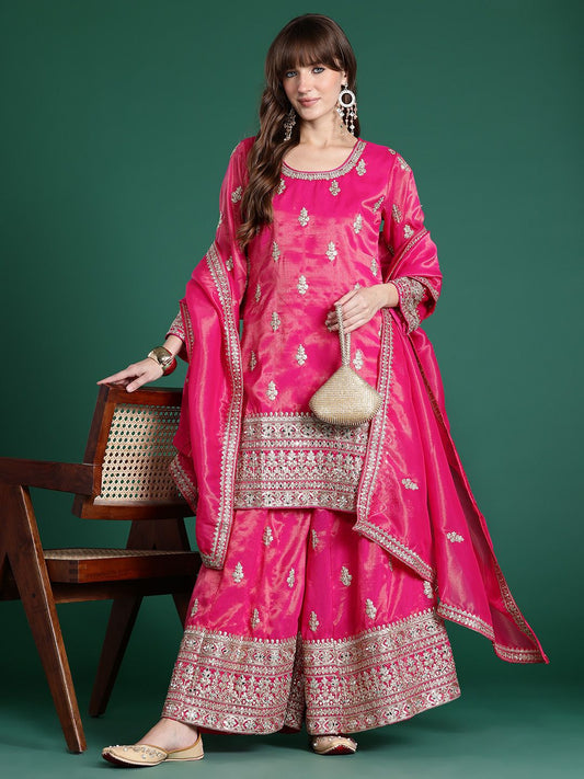 Ethnic Motifs Embroidered Mirror Work Kurta with Palazzos & With Dupatta
