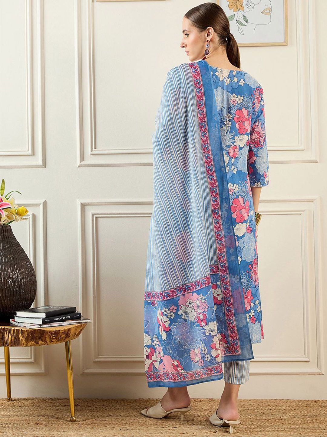 Floral Printed V-Neck Pure Cotton Straight Kurta With Trousers & Dupatta