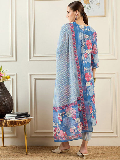 Floral Printed V-Neck Pure Cotton Straight Kurta With Trousers & Dupatta