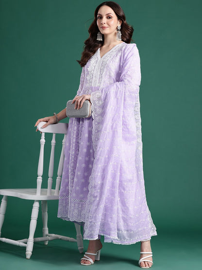 Floral Embroidered Thread Work Pure Cotton Kurta With Trousers & Dupatta