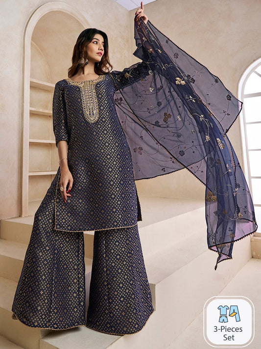 Dhiyona IN Floral Woven Design Zari Kurta With Sharara & Dupatta