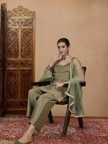 Dhiyona PD Women Floral Embroidered Thread Work Kurta With Palazzos And Dupatta