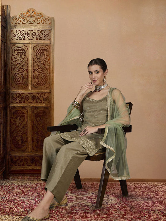 Dhiyona PD Women Floral Embroidered Thread Work Kurta With Palazzos And Dupatta