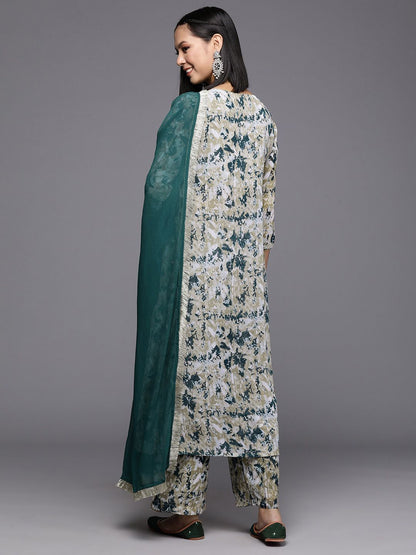 Dhiyona VA Women's Printed Pleated Silk Georgette Kurta with Trousers & Dupatta