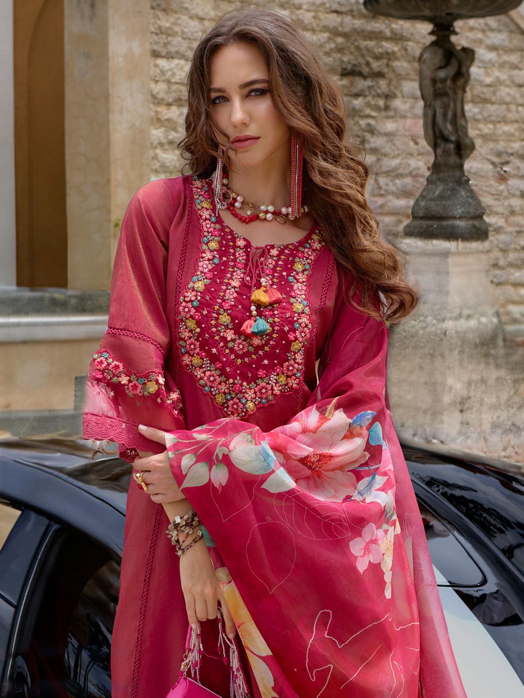 Floral Embroidered Thread Work Kurta with Trousers & Dupatta