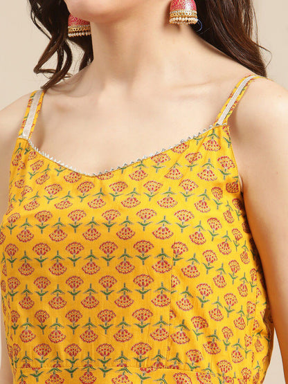 Dhiyona VA Women's Mustard Yellow Ethnic Motifs Empire Gotta Patti Pure Cotton Kurti with Sharara & With Dupatta