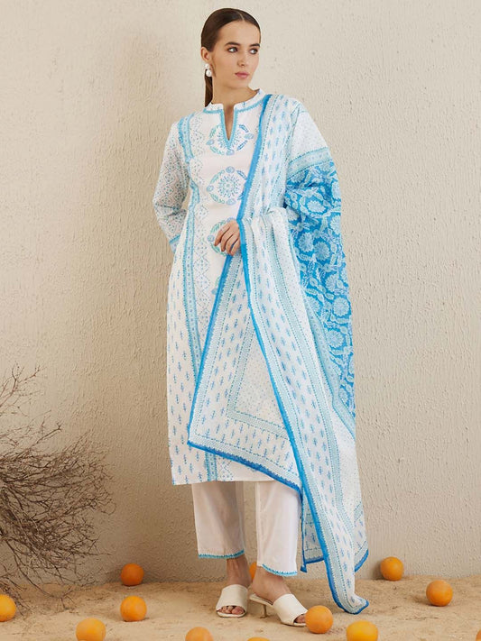Dhiyona IE Ethnic Motifs Printed Mandarin Collar Cotton Straight Kurta & Trousers & Dupatta